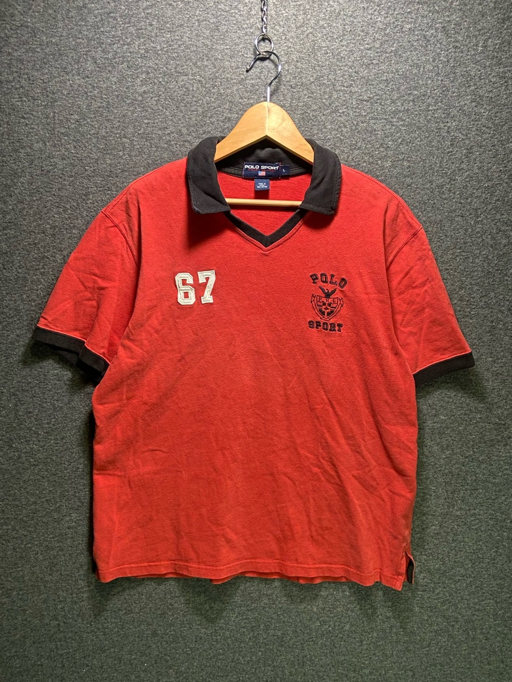 RARE Vintage 90s Polo Sport Ralph Lauren 67 Patch V-Neck Polo Shirt Mens L Red